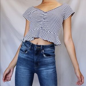 White & Navy Blue Striped Ruffled Crop Top